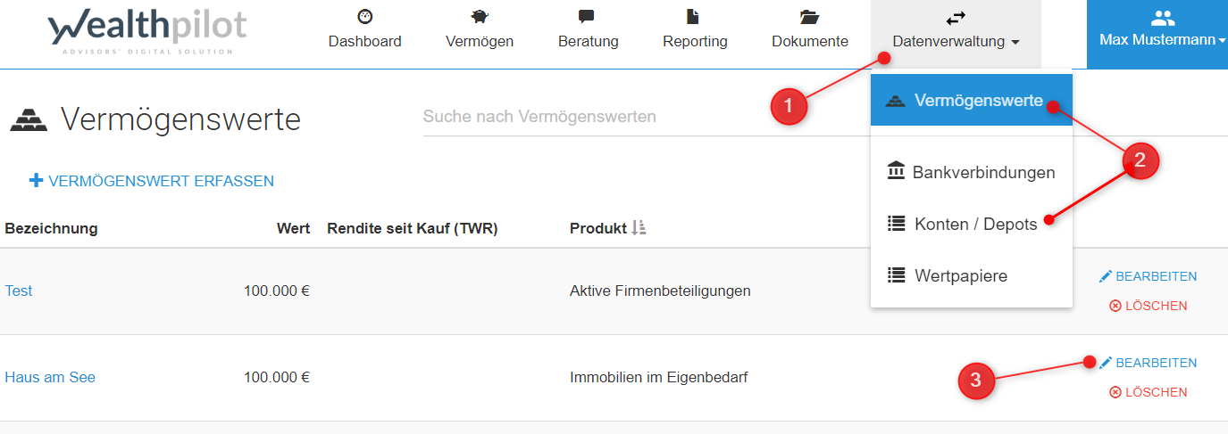 Menüpunkt Vermögenswerte - Schritte markiert